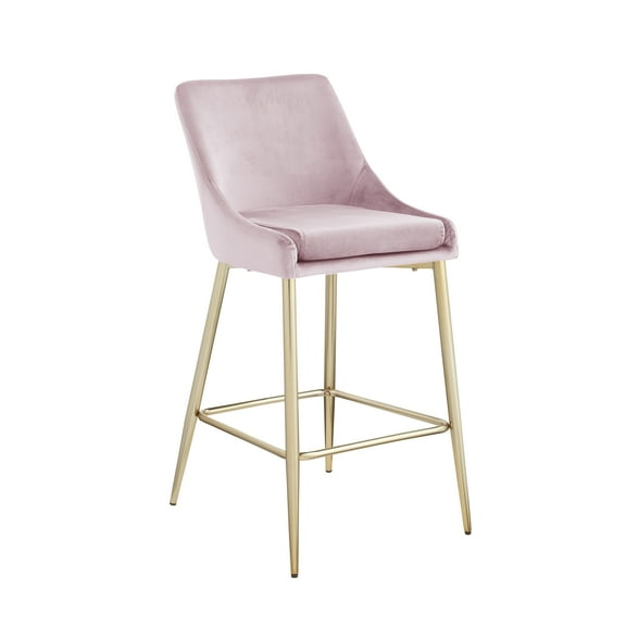 Woker Furniture Contemporary Velvet Upholstered Counter Stool with Brushed Gold Metal Legs and Foot Rest, Set of 2, Light Pink