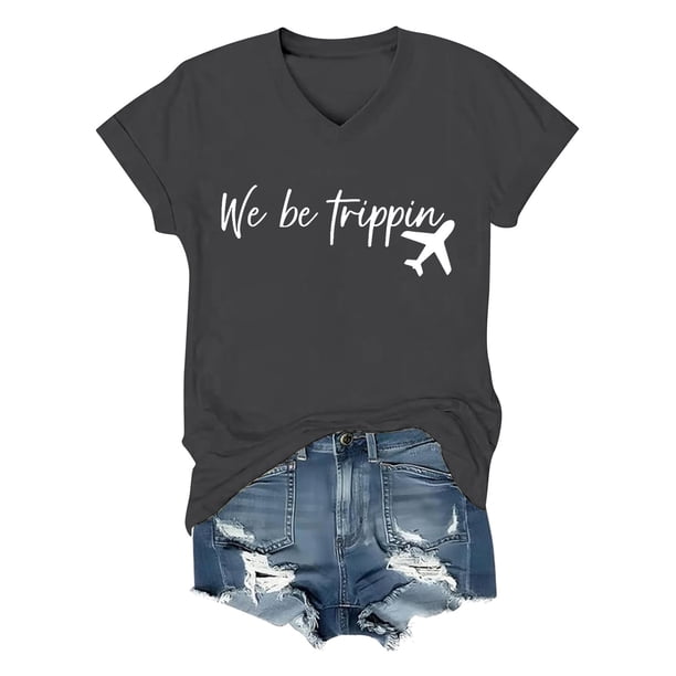 Camiseta informal de cuello en V con letras para mujer: poliéster y spandex, estilo veraniego, tallas S-XXL con medidas de busto/longitud.
