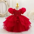 thumbnail image 4 of ATORRE Flower Girls Dress Round Neck Puff Sleeve Stylish Princess Dresses for Wedding Birthday Holiday, Girl's Formal Dress Red 4-5 Years, 4 of 7