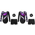 thumbnail image 5 of Aislor Kids Girls Printed Patchwork Long Sleeve Gymnastic Leotard Biketard Unitard with Shorts Hair Black&Purple 14, 5 of 6