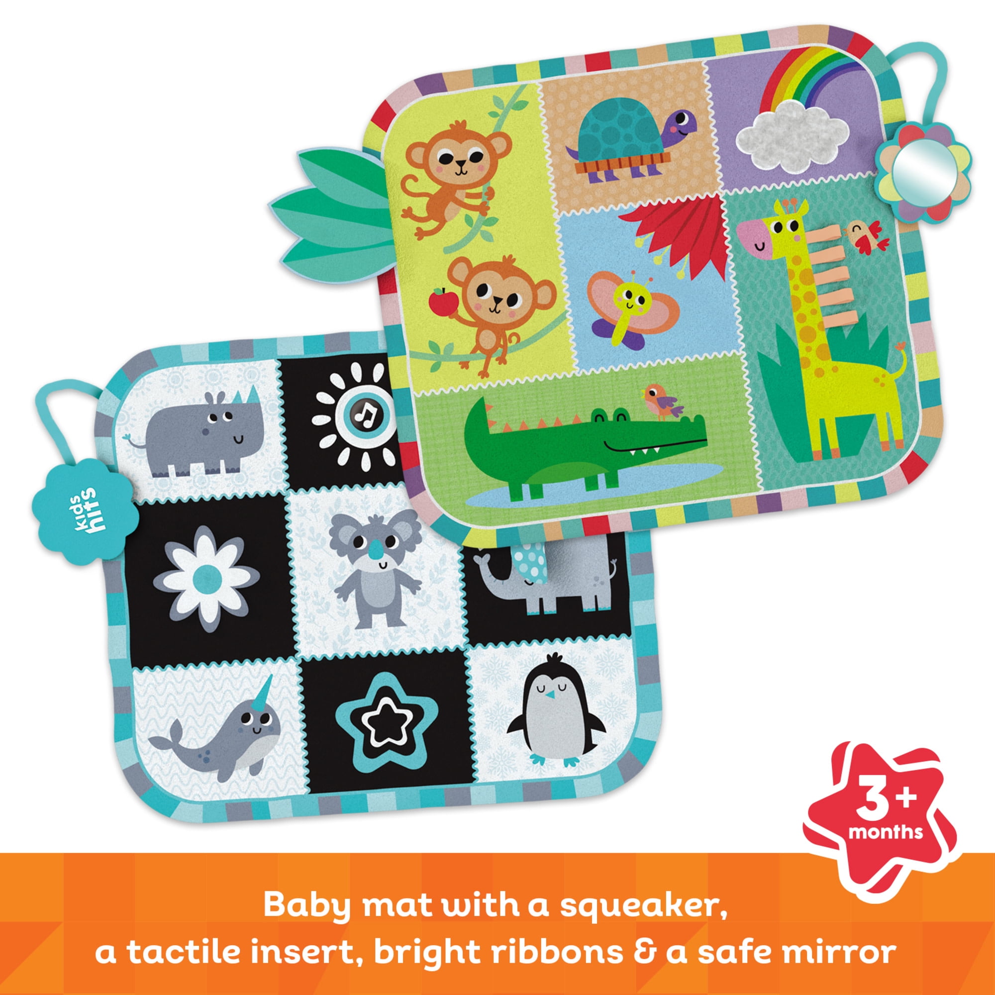 Kids Hits: Two-Sided Play Mat - My First Animals - 2-In-1 Reversible Sensory Floor Pad, Mirror-Ribbons-Squeaker, Tactile Touch Toy, Baby-Toddler 3Mo+