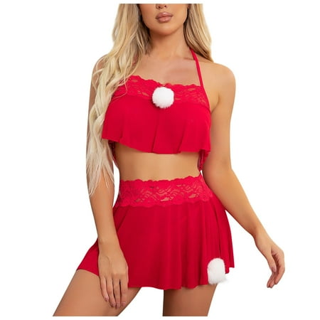 

QWERTYU Womens Sexy See Through Lingerie Lace V Neck Sleepwear Mini Teddy Babydoll Red 6