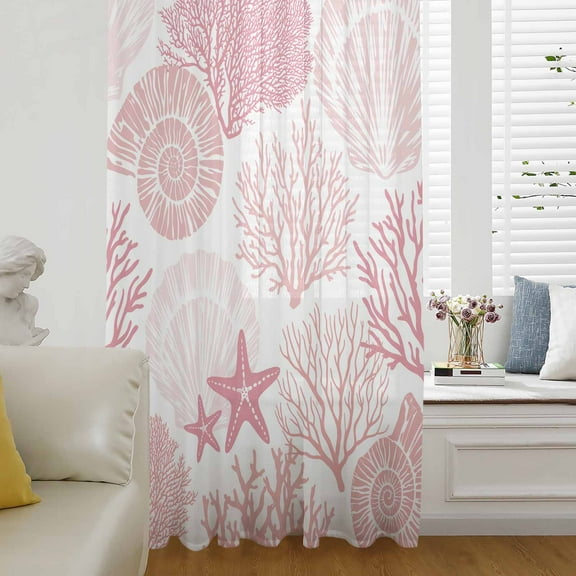 Coastal Pink Semi Sheer Curtains Drapes for Living Room, Bedroom, French Doors Window 63 Inches Long, Ocean Coral Starfish Shell Modern Sea Rod Pocket Chiffon Curtain Drapery Voile Draperies Panel