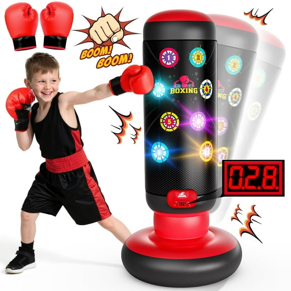 Hot Bee Kids Boxing Bag with Lights & Music, Red Inflatable Punching Toy with Gloves, 4 Interactive Game Modes & Score Counter, Indoor Outdoor Sports Toy Gift for Boys Girls Ages 4-12