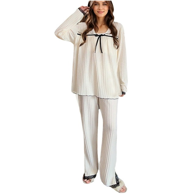 Chbgutlmr Pyjama d'Automne pour Femmes Grande Taille2 Pcs Manches Longues Col Carré Nœud Papillon Hauts Amples Pantalons en Dentelle Patchwork Ensembles de Détente