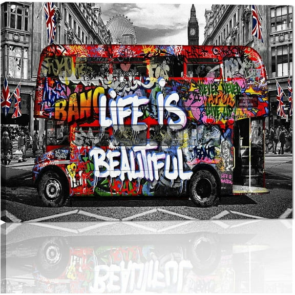 WFSposter-Banksy Street Art Mural Colorful Graffiti Bus Canvas Wall Art Life is Beautiful Pop Art Modern Framed Canvas Wall Art Decor for Room Living Room Bedroom Walls Easy to Hang