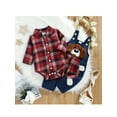 thumbnail image 4 of Autumn Baby Boys Gentleman Clothes Sets 3M 6M 9M 12M 18M Plaid Printed Shirts Romper+Cartoon Bear Overalls Pants, 4 of 10