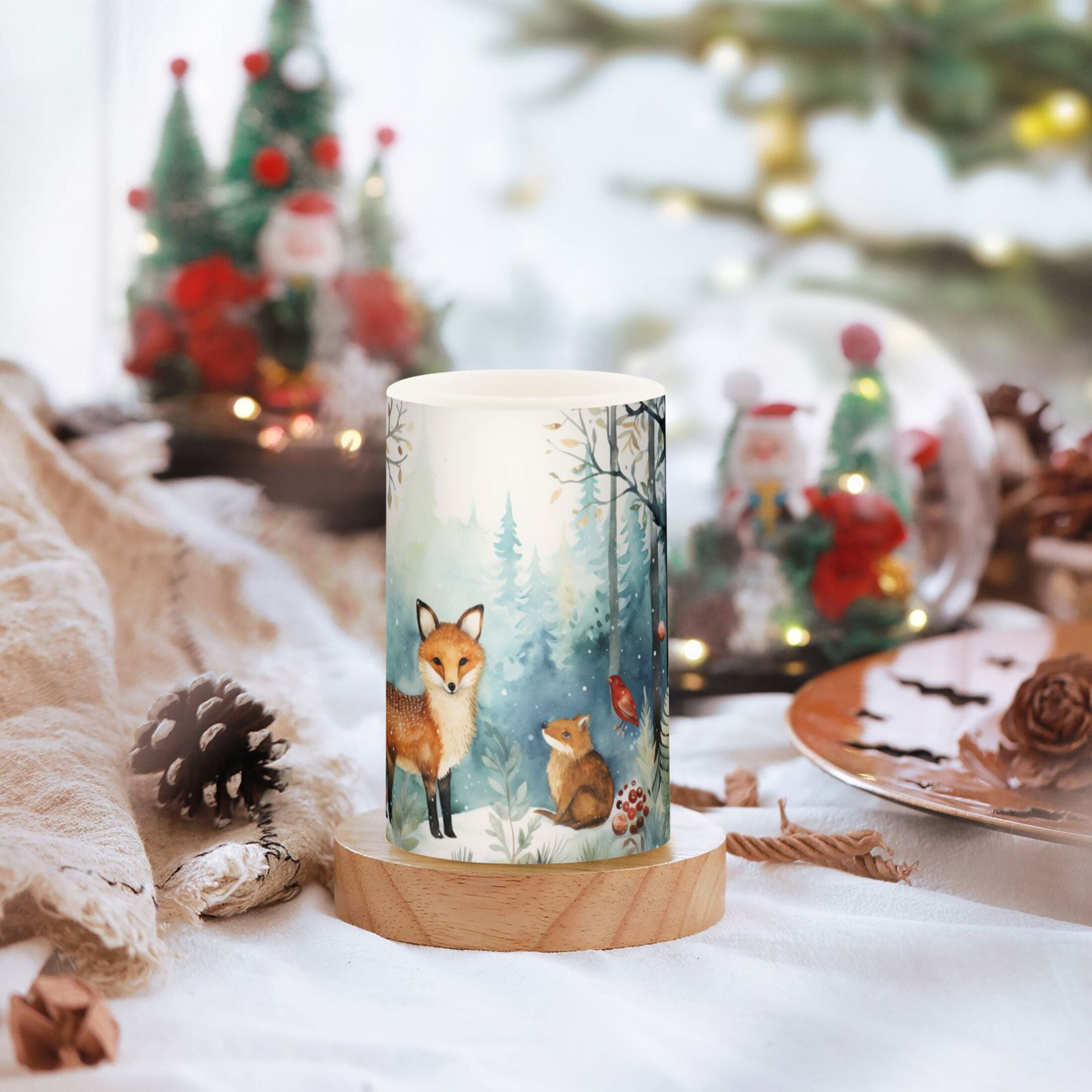 Foxes Trees Forest Flowers Flameless Candles&nbsp;LED Lights Battery Operated Candles with Remote and Timers Flicker Lights Votive Set of 2