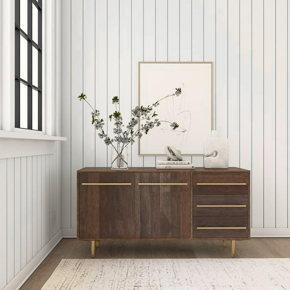 Powell Delwin Mid-Century Modern 3-Drawer 2-Door Wood Indoor Console Table, Dark Brown