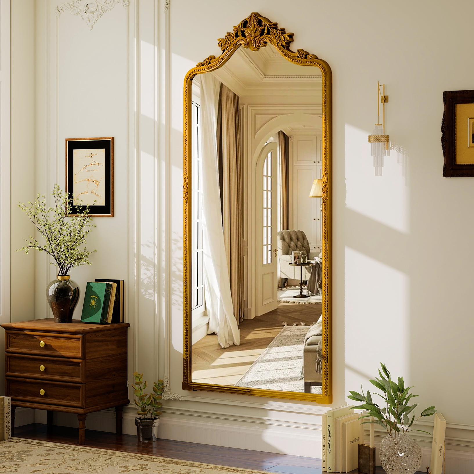 ‌Auromir‌ 28"x69" Antique Arched Full Length Mirror Baroque Style Floor Home Decor Mirror,Gold