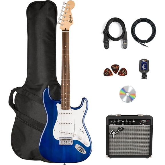 Fender Squier Sonic Stratocaster Pack - Sapphire Blue Transparent Bundle with Frontman 10G Amp, Gig Bag, Instrument Cable, Strap, and Picks