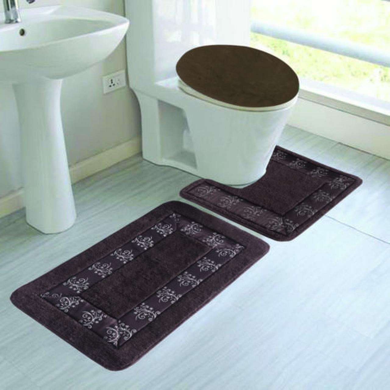 3PC 5 BROWN BANDED BATHROOM SET BATH MAT COUNTOUR RUG LID COVER PLAIN