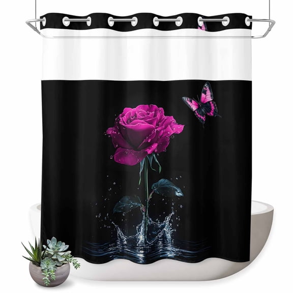 No Hook Shower Curtain with Built-in Rings - Vintage Washable Waterproof Fabric Bathroom Curtains for Hotel,Rentals, 72 X 78 Inch Long , Rose Butterfly Splash Electric Lavender