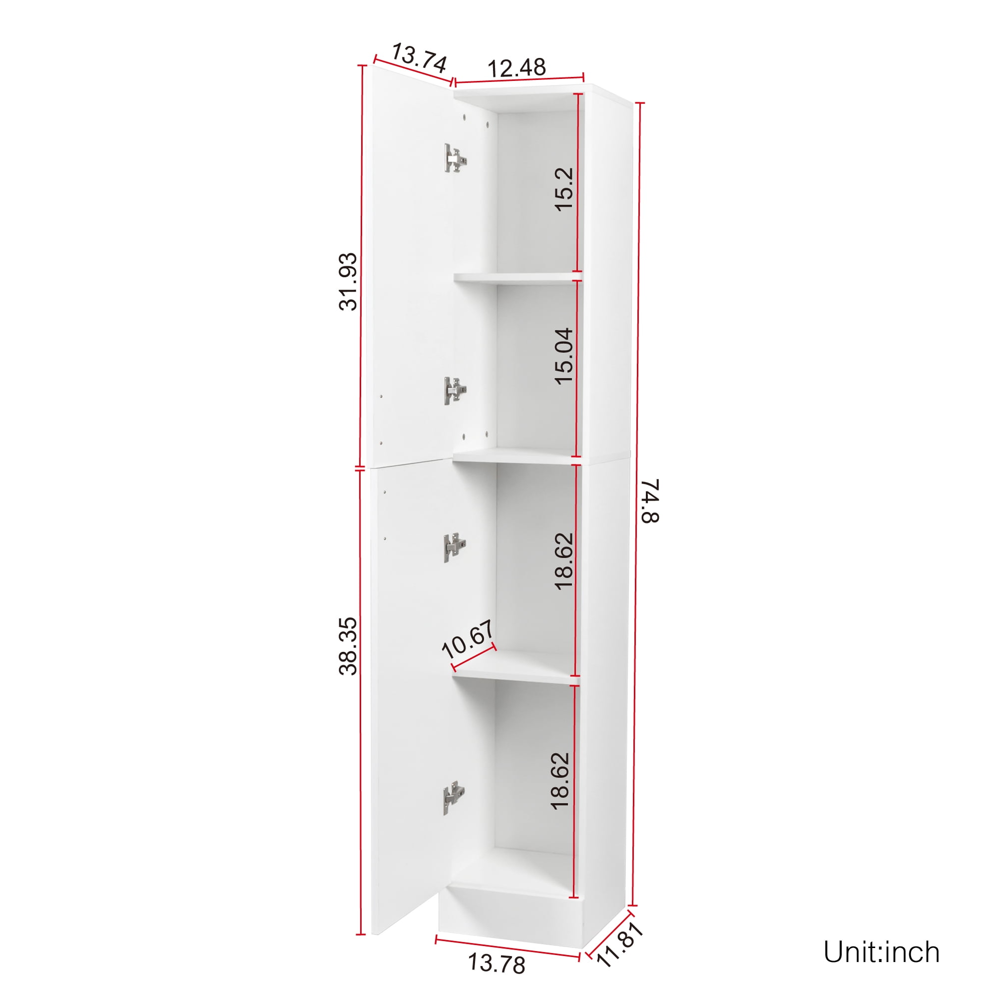 Royard Oaktree Narrow Storage Cabinet Tall Freestanding Cabinet with Two Doors and Shelves Modern Wood Cupboards Tower Cabinet for Kitchen Bathroom Living Room Bedroom Office, White