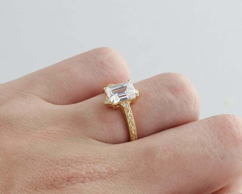 HeartsAndYou 2ct Emerald Cut Moissanite Engagement Ring for Women Milgrain Filigree 18k Yellow Gold over Silver