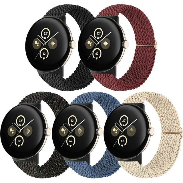 KOMI Stretchy Braided Bands Compatible with Google Pixel Watch 3 Band 41mm/Pixel Watch 2 Band/Google Pixel Watch Band - Upgraded Connector - Elastic Nylon Breathable Sport Straps for Women Men 5 Pack
