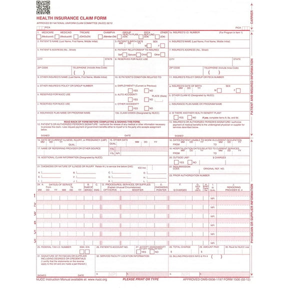 For Handwritten Use - CMS 1500 / HCFA 1500 Medical Billing Forms (CMS12S) - 25 Sheets