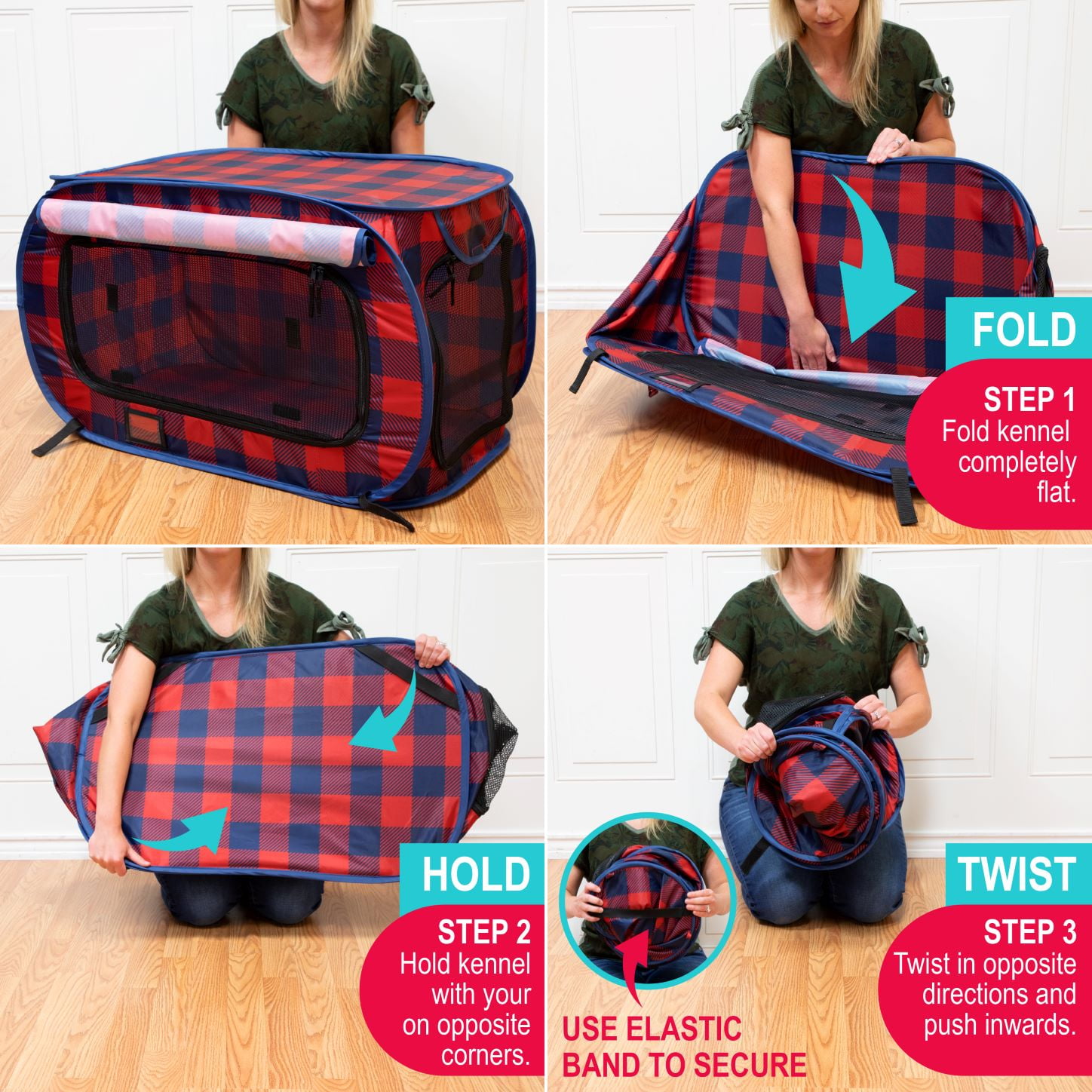 SP Holiday Plaid Pop Open Kennel, Red and Blue
