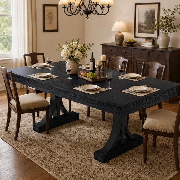 71 Inch Farmhouse Dining Table for 6-8 People with Dual Storage Drawers, Large Rectangular Wood Kitchen Table, Heavy-Duty Pedestal Base Dining Table for Dining Room, Living Room,Black