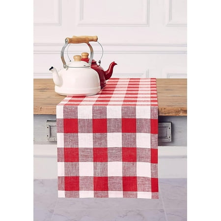 

Buffalo Check Linen Table Runner – Red and White 100% Linen 14 x 120 Inch Table Runner – Plaid Table Runner for Fall Thanksgiving Christmas Holidays – Handcrafted from European Flax