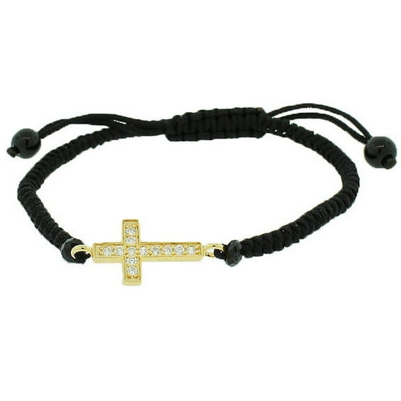 925 Sterling Silver Gol-Tone Black Cord Religious Cross Adjustable Bracelet