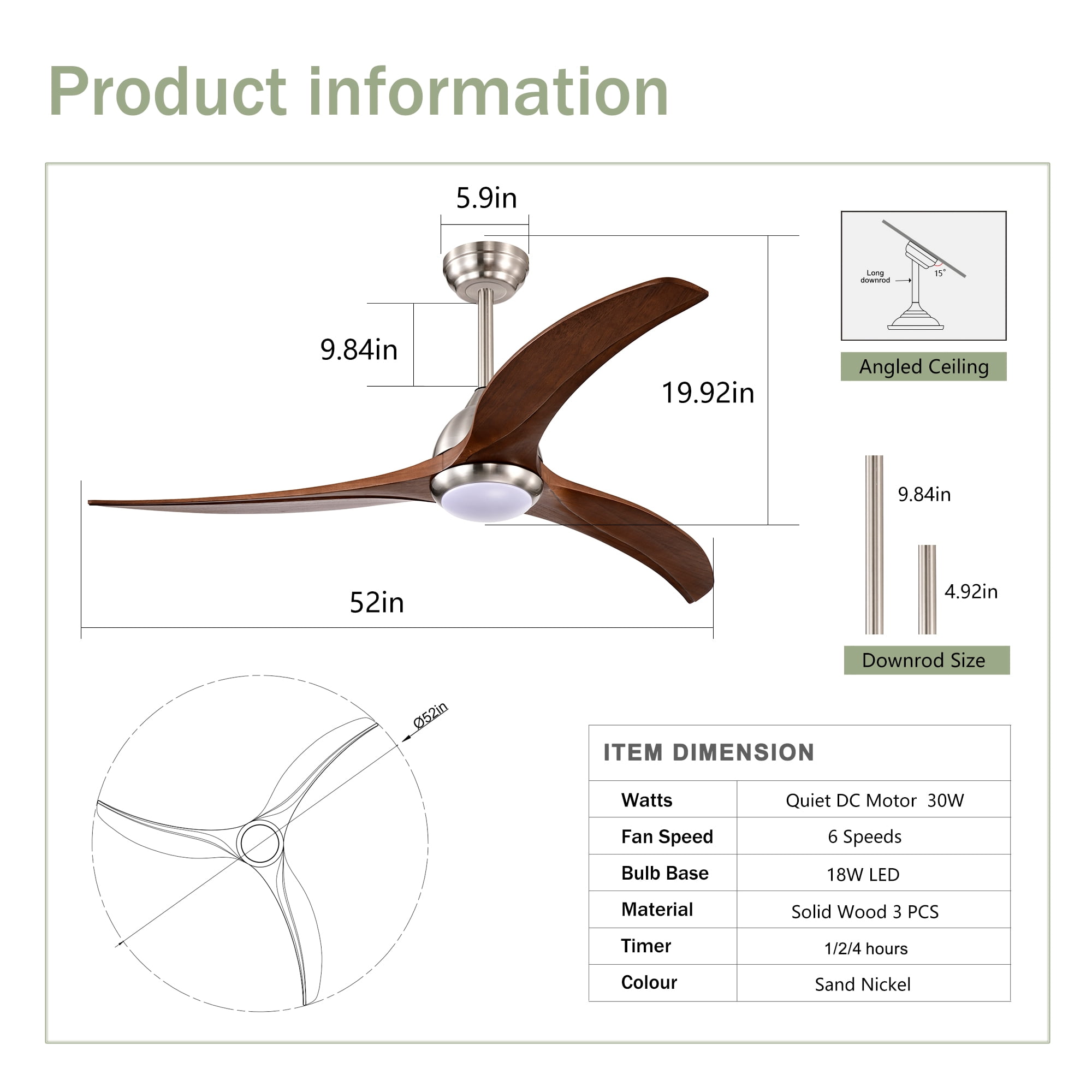 Ceiling Fan with Light, 52 Inch Reversible Noiseless Fan for Home Indoor Living Bedroom, Stain Nickel Walnut