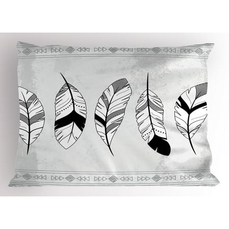 Feather Pillow Sham Stylized Doodle Borders With Triangle Motifs