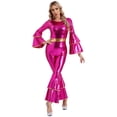 thumbnail image 3 of Eandarui Womens Shiny Dance Jumpsuit Flare Sleeve Unitard Outfit Disco Club Party Hot Pink XL, 3 of 7