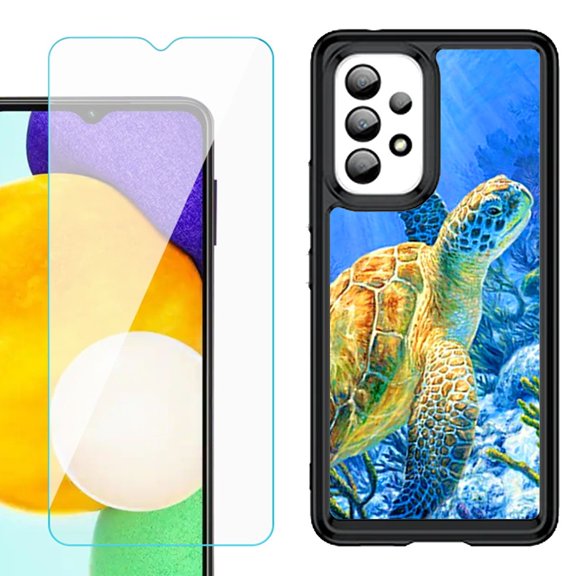 Shockproof Bumper (Black Frame) phone Case for Samsung Galaxy A23 5G, with Tempered Glass Screen Protector, by OneToughShield ® - Sea Turtle