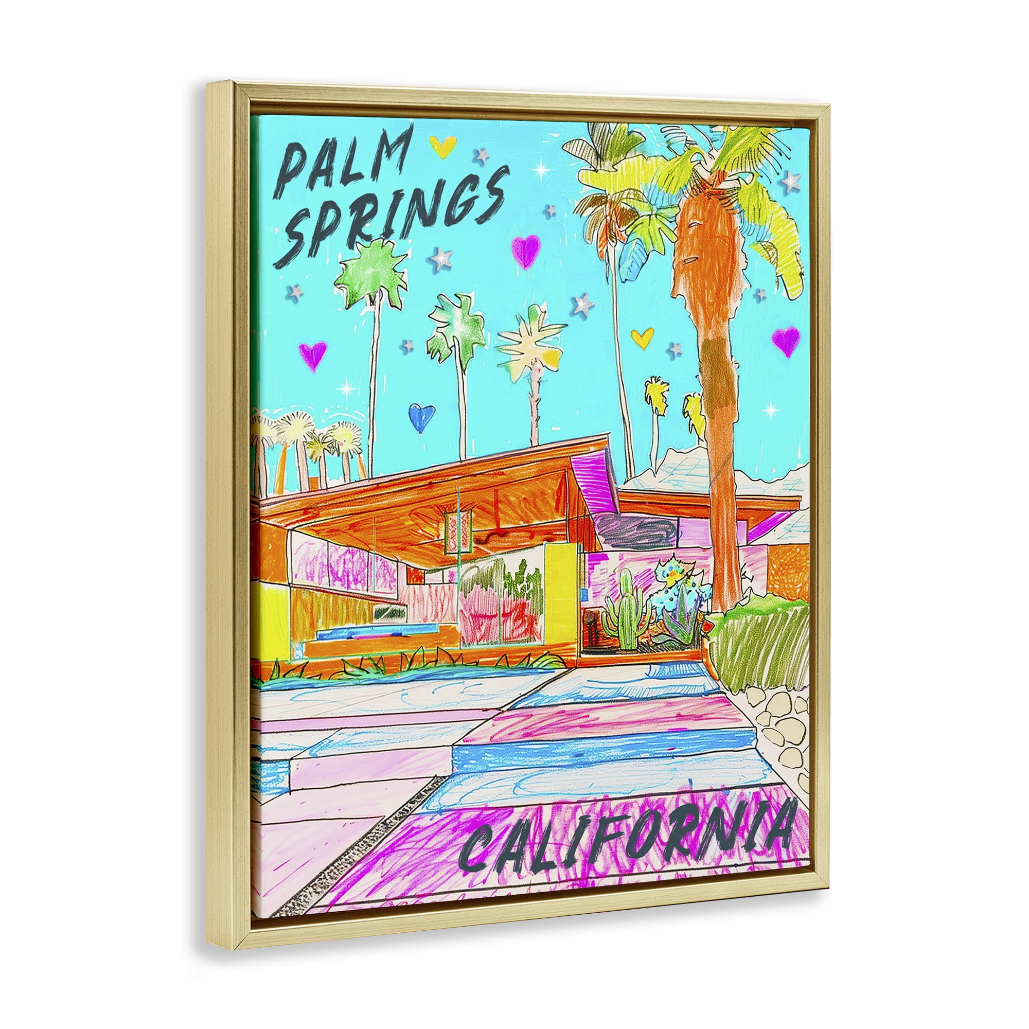 Stupell Industries Palm Springs Villa Doodle Cities & Countries Painting Gold Floater Framed Canvas Art Print Wall Art, 17 x 21