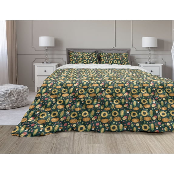 Autumn Comforter & Sham Bedding Set, Harvest Pattern Corn Sunflower Apples and Pumpkins Fall Season Agriculture Design, 3 pcs Duvet Set Microfiber Filling Quilt, 5 Sizes, Multicolor, by Ambesonne