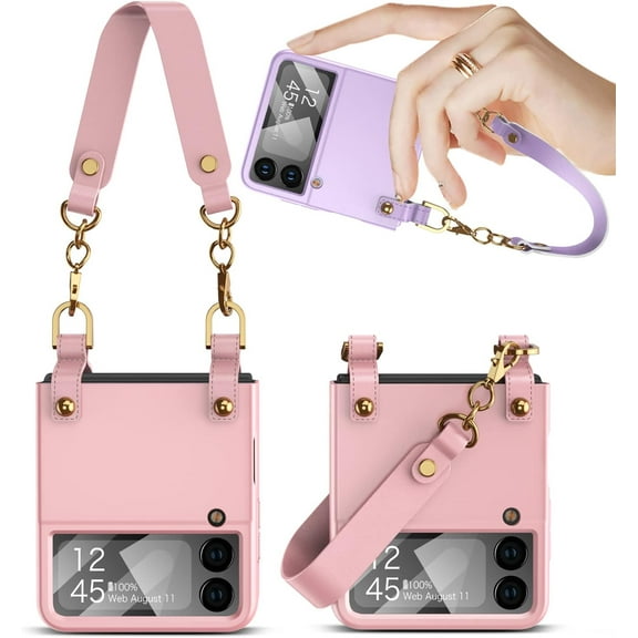 case for Samsung Z Flip3 Case with Strap, Galaxy Z Flip 3 Case Ultra-Thin Protective Cover with Strap Built-in Small Screen Shell Film for Samsung Galaxy Z Flip3, Pink