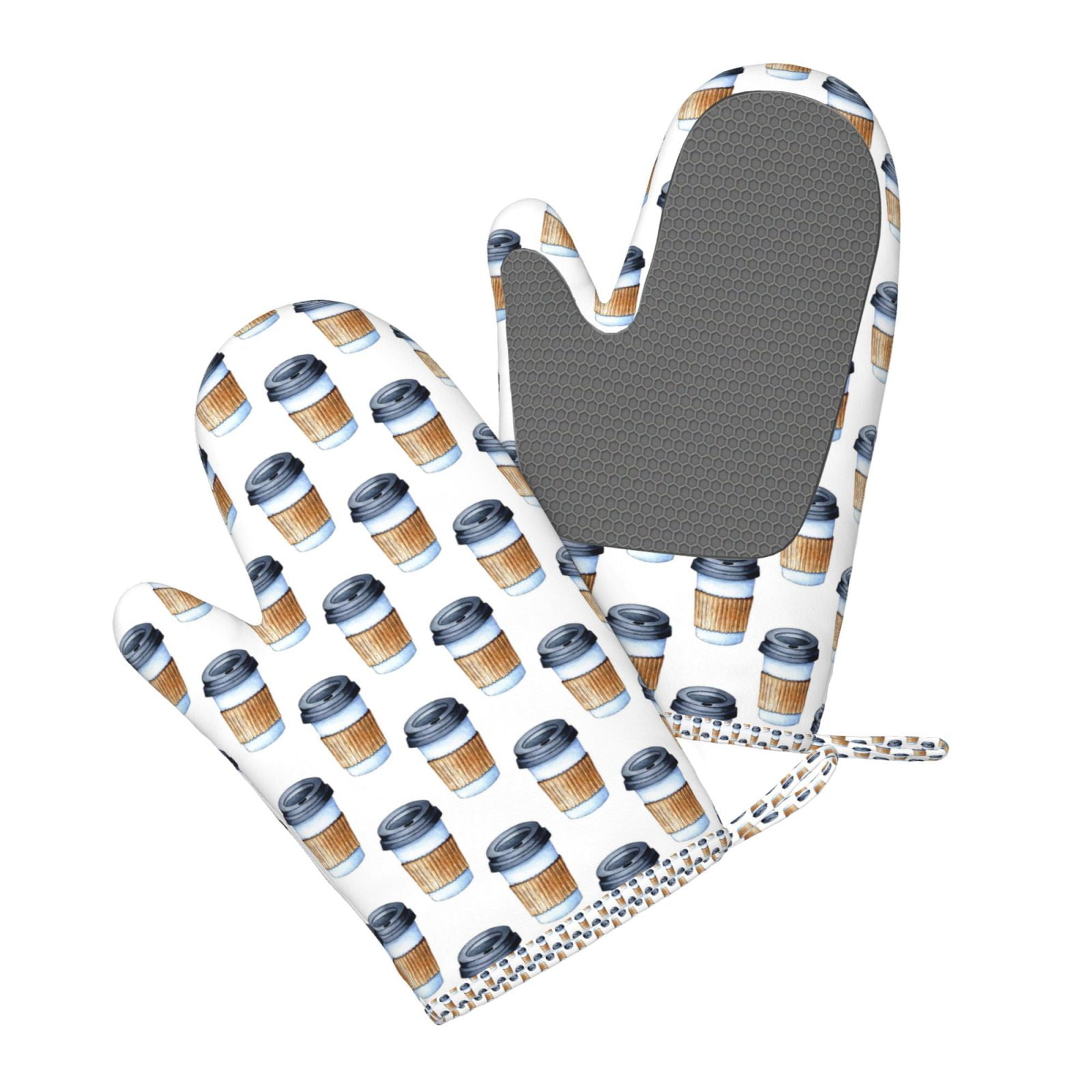 Hirioo Coffee To Go Pattern for Silicone Oven Mitts for BBQ, Baking, Cooking, Set of 2, Heat Resistant 260℃, Non-Slip Kitchen Essentials