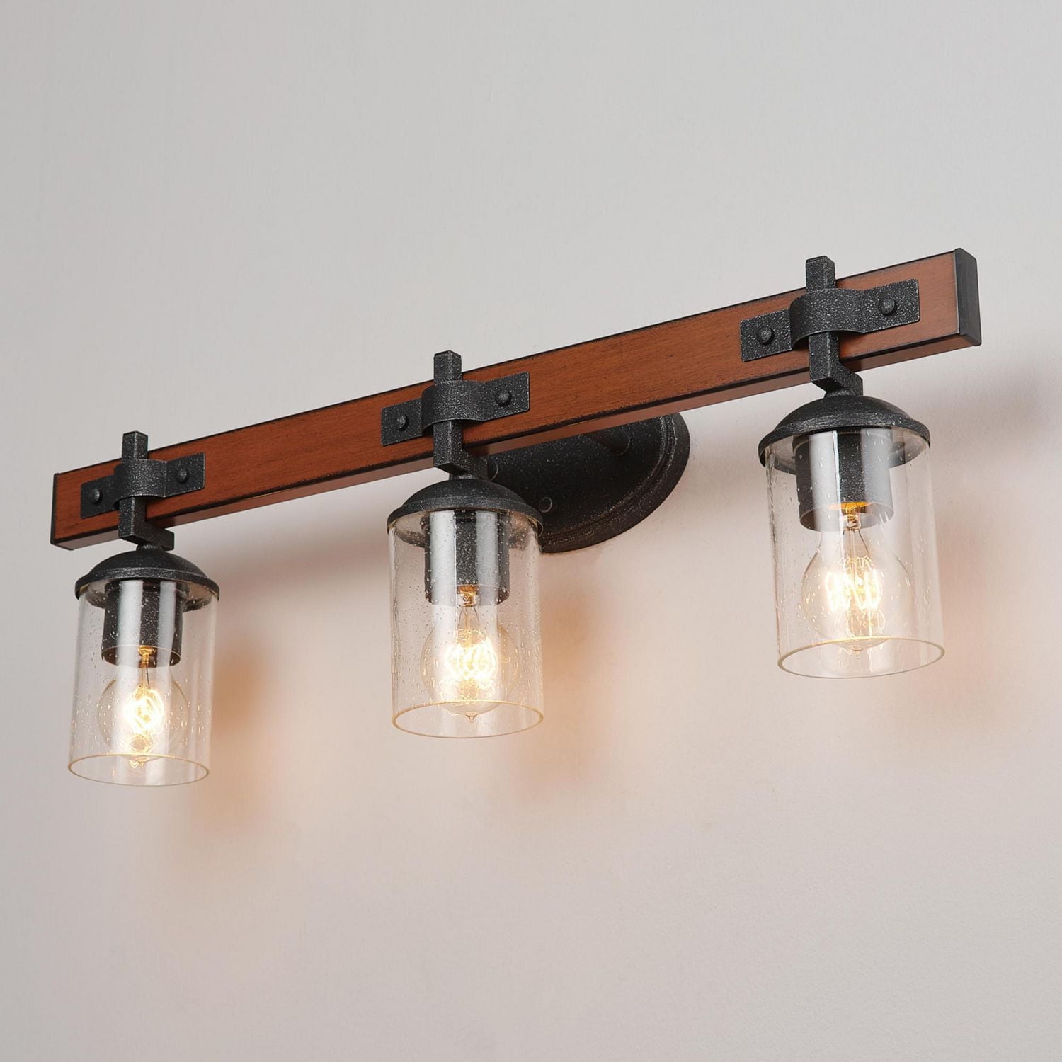 Applique murale à 3 ampoules Kingston, similibois foncé avec accents en métal galvanisé et abat-jour en verre bullé transparent