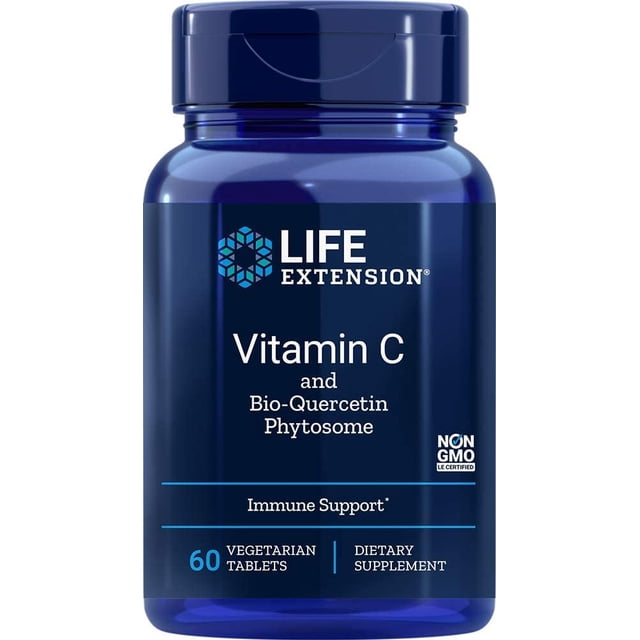 suplemento vitamina c con fitosoma de bio-quercetina 60 tabletas vegetarianas life extension le-954535s Frasco frontal azul con etiqueta que muestra "Vitamin C and Bio-Quercetin Phytosome", sello Non GMO, texto "Immune Support" y conteo 60 tabletas; vista centrada sobre fondo neutro.