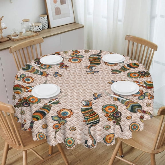 Round Tablecloth 60 inch Vintage Cat, Waterproof, Stain Resistance | Washable Cat Circle Table Cloth Cover for Dining Kitchen Party Farmhouse Indoor Outdoor, Polyester, 4-6 Seats