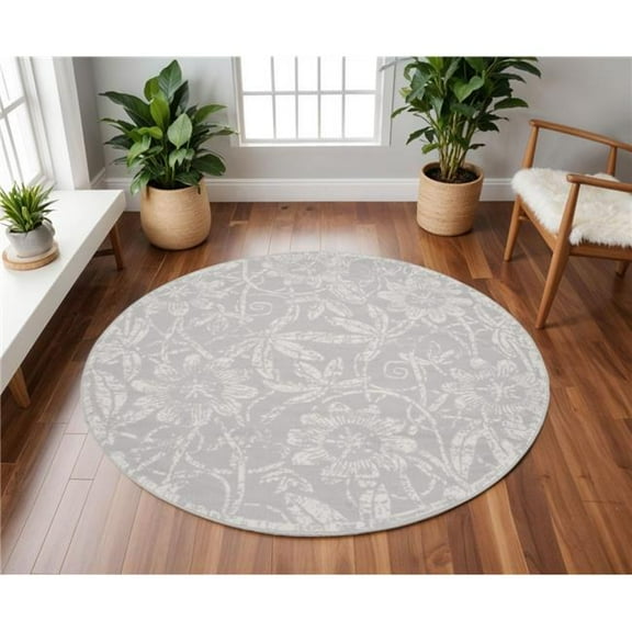 HomeRoots  8 ft. Floral Distressed Round Rug, Ivory & Gray