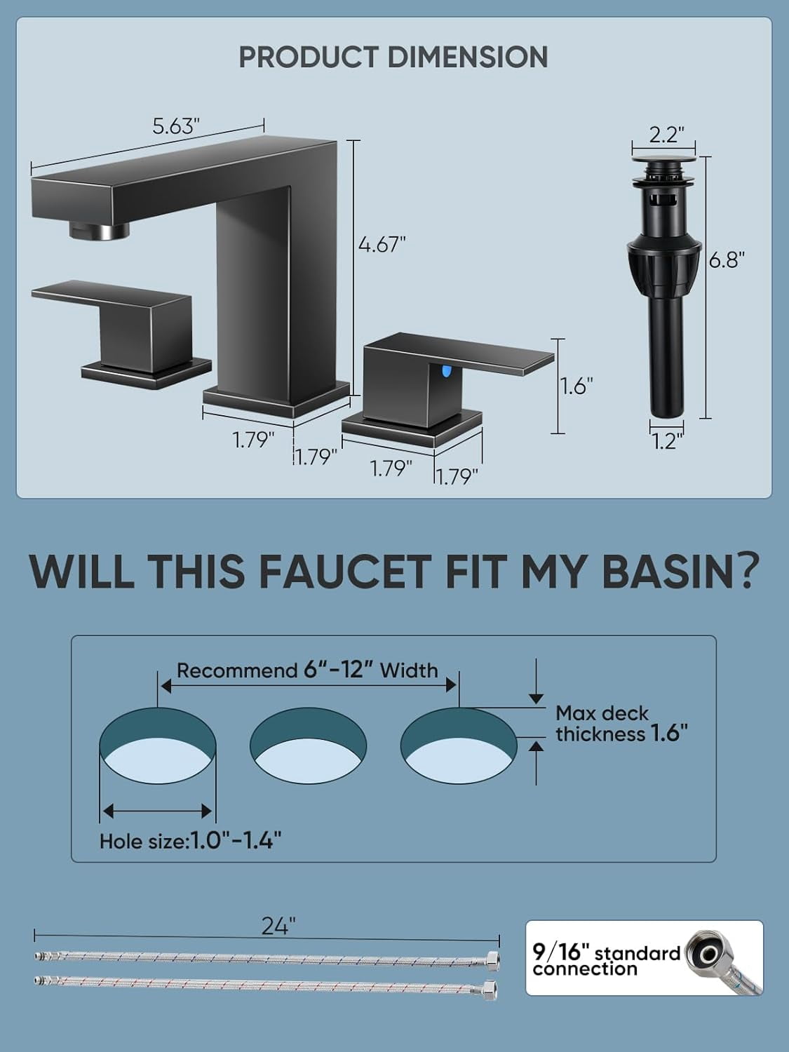 Bathroom Faucets for Sink 3 Hole, Oil Rubbed  Bathroom Sink Faucet Square 4 Inch Centerset with Pop-Up Drain, 2 Handle and 2  Hoses,  Stainless  for Vanity Rv