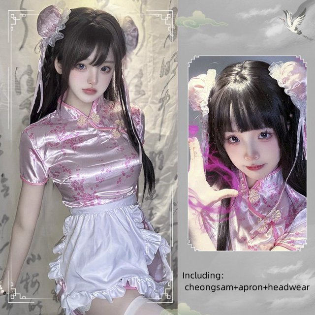 Disfraz chino de sirvienta Cheongsam para mujer, traje de mucama de Lolita, delantal, vestido, uniforme, muñeca china, juego de rol, Sexy, 3 piezas