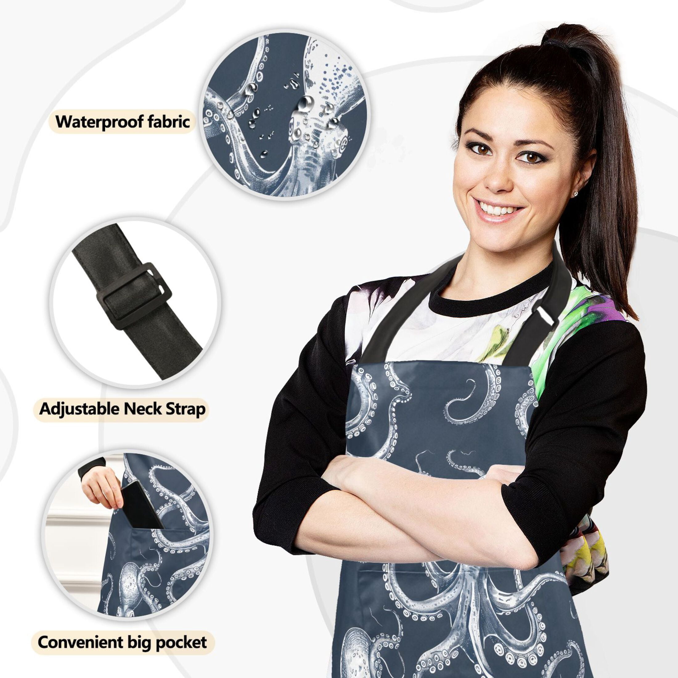 5 Pcs Kitchen Set Heat Resistant Oven Mitts and Non-Slip Pot Holders with Adjustable Cooking Apron Octopus Sketchy