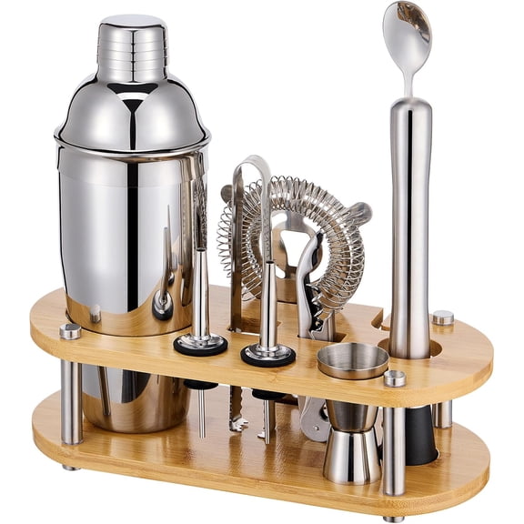 YANGLI 11-Piece Cocktail Shaker Set with Bamboo Stand – Bar Tool Set with Muddler & Strainer