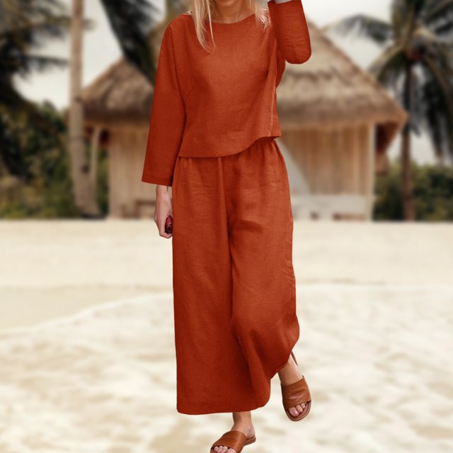 Pantalones Top básico de lino, pantalón recortado, cintura elástica, traje de color sólido para mujer (naranja L) Kuymtek Naranja T L para Mujer