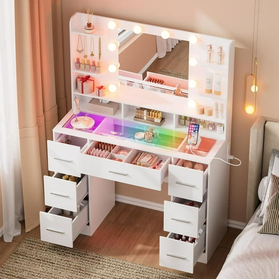 Vanity Desk with Mirror and Lights, 41.34" 7-Drawer Makeup Table with RGB Transparent Top, Power Outlet, No Stool, 9 Open Shelves for Girls and Ladies Bedroom, White and Gold
