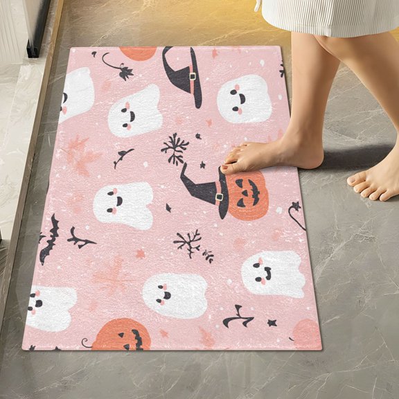 Yayeee Bath Rug for Bathroom Floor Non Slip Rectangle Fluffy Soft Absorbent Mat, 16"x24", Pink Halloween Ghosts