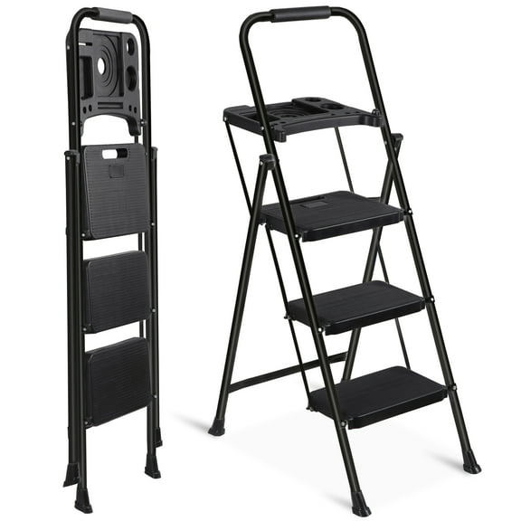 HomGarden Folding 3 Step Ladder Steel Step Stool W/Tool Tray& Handgrip, Non-Slip Wide Pedal, Safety Locking Max.330lbs Black