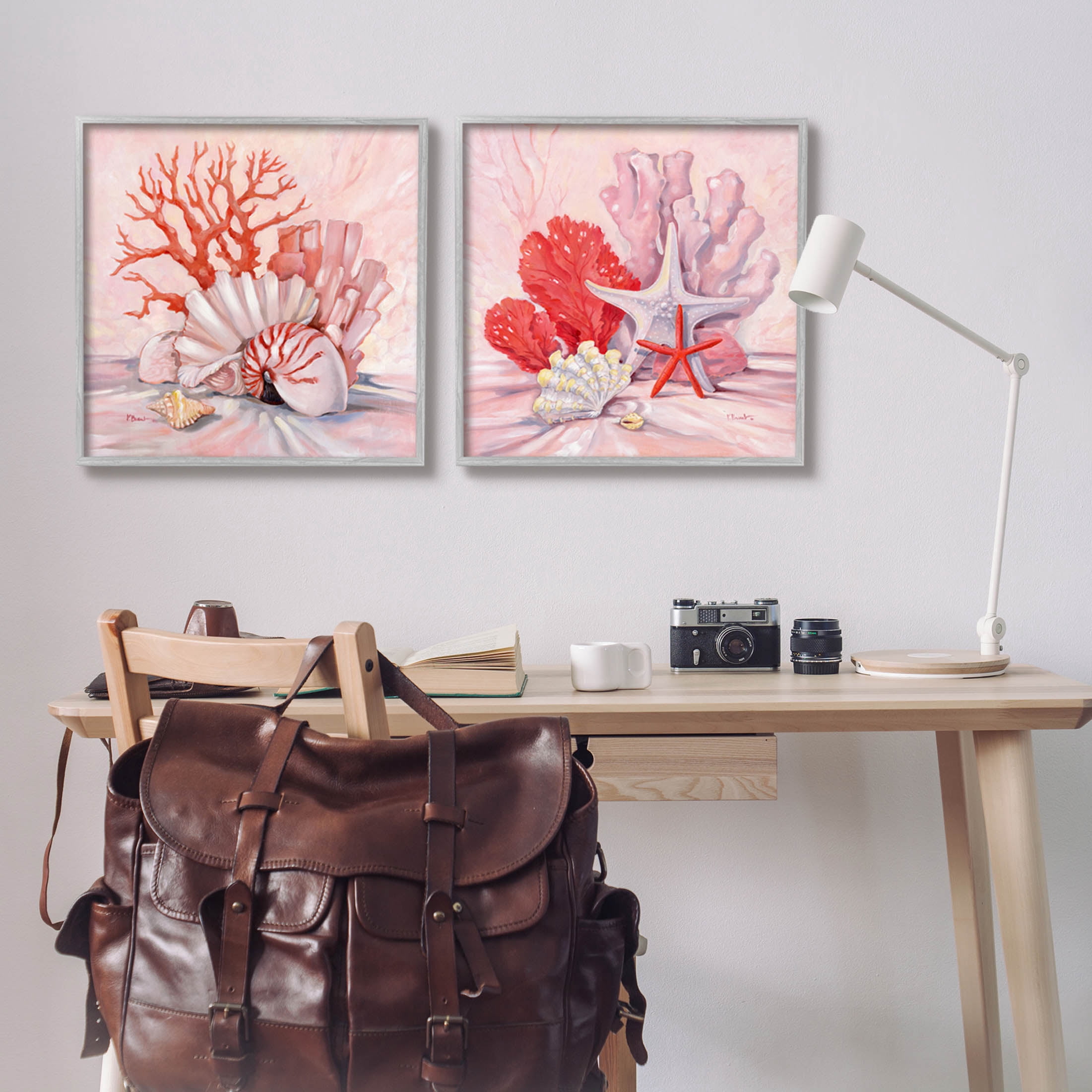 Stupell Industries Pink Coral Sea Life Painting Gray Framed Art Print Wall Art, Set of 2, Design by Paul Brent