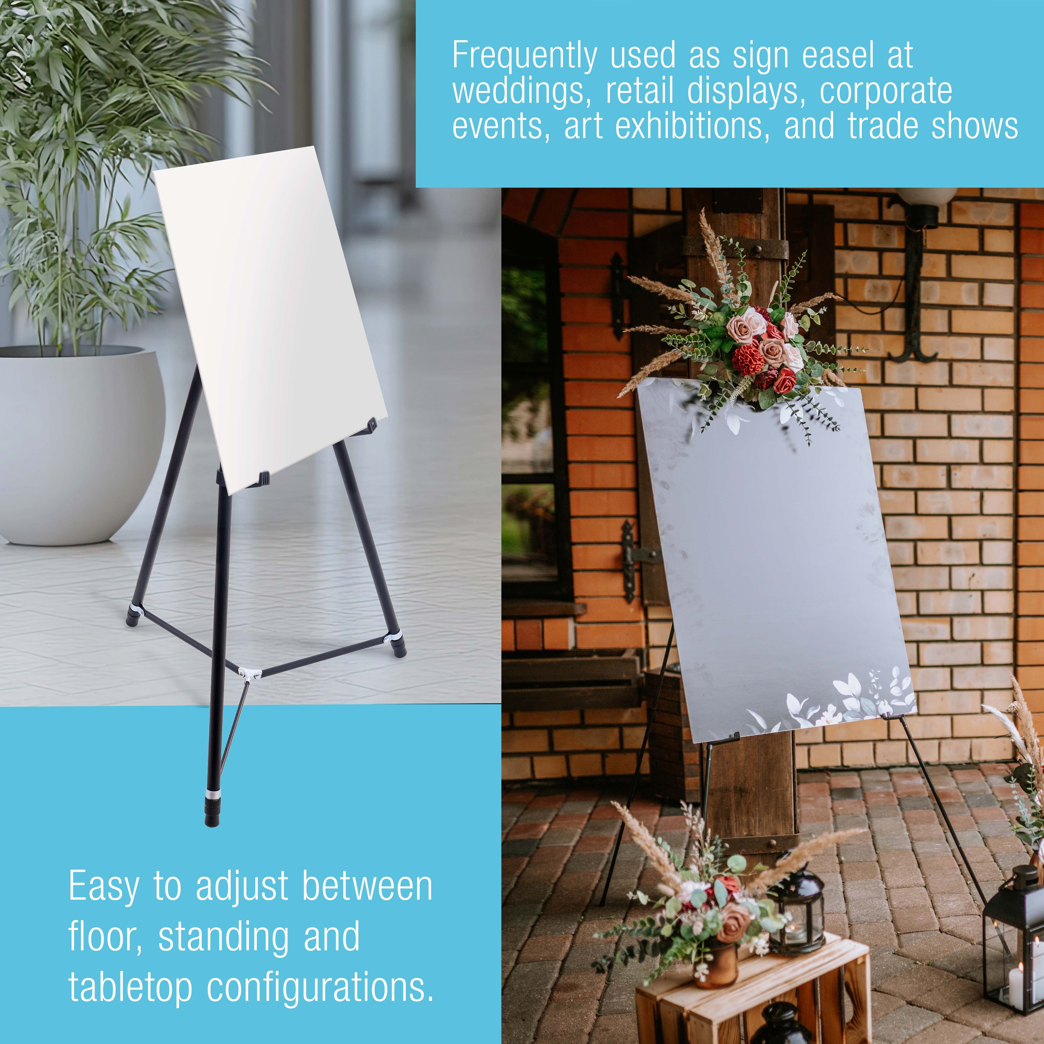 U.S. Art Supply 66" High Showroom Black Aluminum Display Easel and Presentation Stand, Adjustable Floor and Tabletop Use