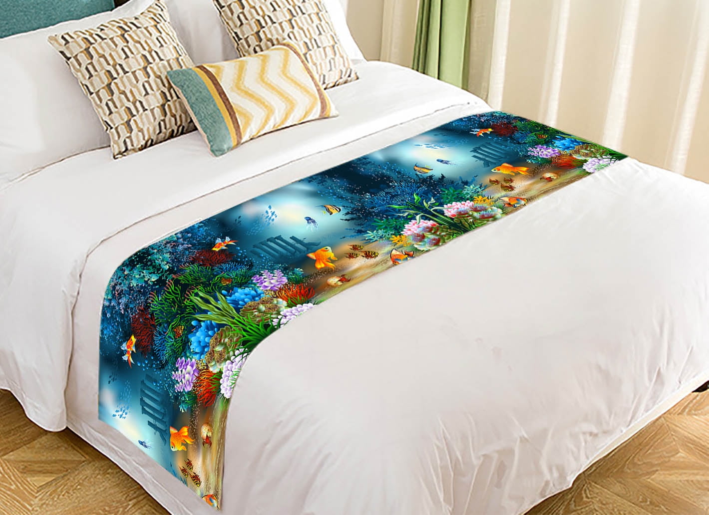 YKCG Underwater Wold Deep Ocean Tropical Sea Animal Fishes Coral Bed Runner Bedding Scarf Size