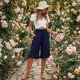 thumbnail image 6 of Cotton Linen Ruffle Hem Culottes for Women 2026 Casual Lightweight Shorts Smocked Waist Wide Leg Short Pants Navy L, 6 of 7