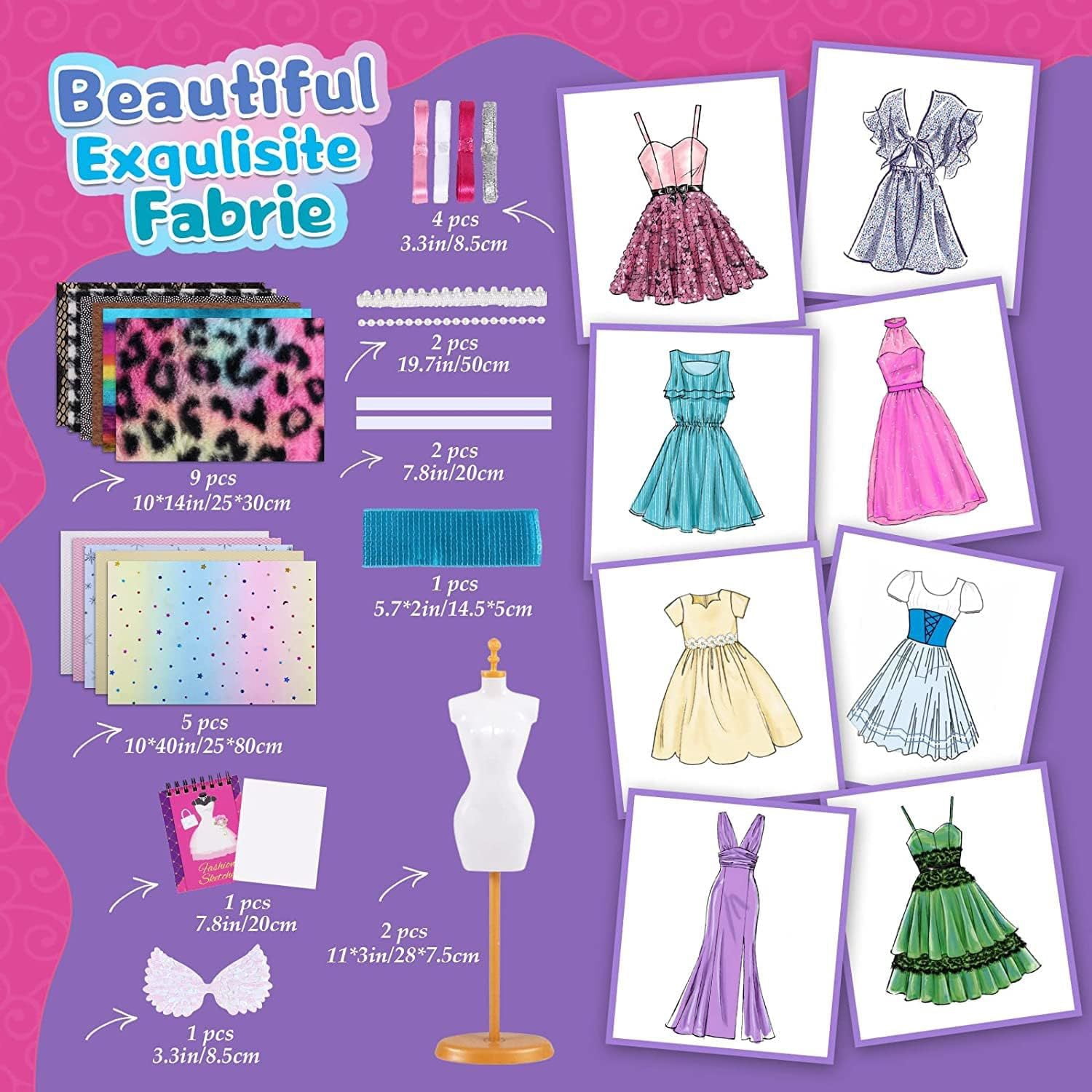 Fashion Design Kit for Girls,  DIY Sewing Craft Kit with Mannequins, Fabrics & Accessories, Create Stylish Outfits, Perfect Gift for Kids Ages 6+ To Learn Sewing & Boost Creativity